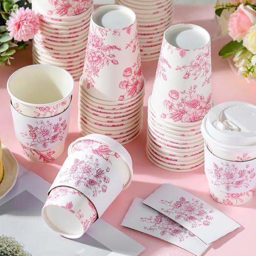 Vesici 60pcs 14oz Pink Disposable Coffee Cups with Lids and Sleeves Botanical Floral Coffee Cups Pink Toilet Paper Cup for Spring Birthday Weddings Bridal Shower Tea Party Supplies - Image 5