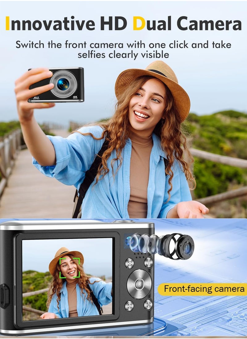 إيكويكام كاميرا رقمية، كاميرا رقمية بدقة 4K للتصوير مع عدسة أمامية وخلفية، كاميرا فيديو بدقة 48 ميجابكسل مع تركيز تلقائي وتقريب 16X، كاميرات رقمية سريعة الالتقاط مع بطاقة 64 جيجابايت  - Image 2