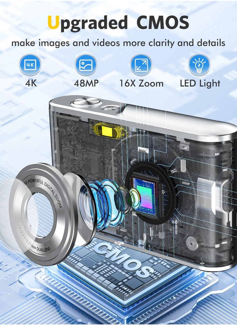 إيكويكام كاميرا رقمية، كاميرا رقمية بدقة 4K للتصوير مع عدسة أمامية وخلفية، كاميرا فيديو بدقة 48 ميجابكسل مع تركيز تلقائي وتقريب 16X، كاميرات رقمية سريعة الالتقاط مع بطاقة 64 جيجابايت  - Image 3
