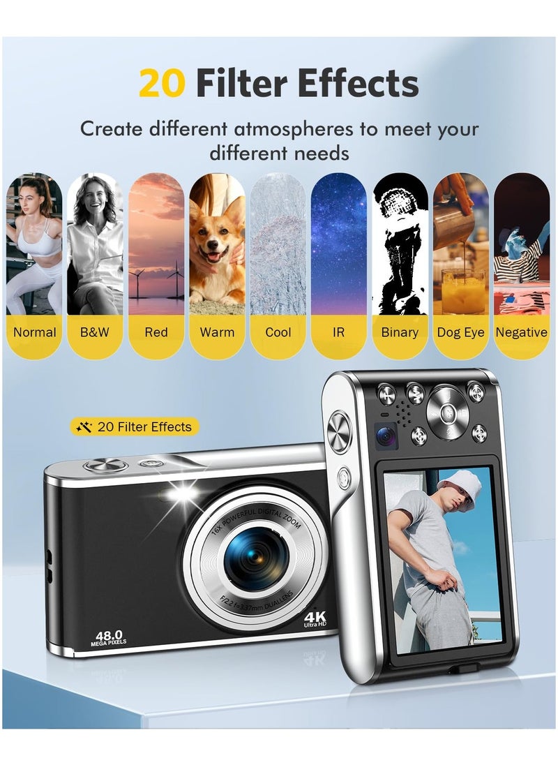 IqwiCam - Digital Camera, 4K Digital Camera for Photography with Front and Rear Lens, 48MP Autofocus Vlogging Camera with 16X Zoom, Point and Shoot Digital Cameras with 64GB Card - Image 1