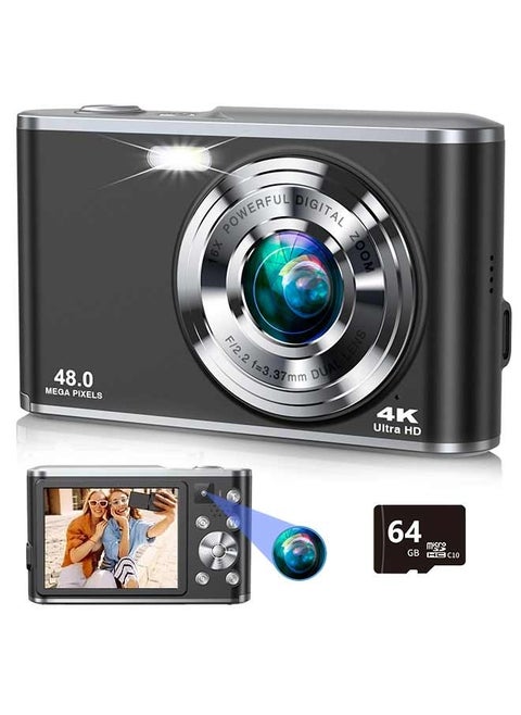 Digital Camera, 4K Digital Camera for Photography with Front and Rear Lens, 48MP Autofocus Vlogging Camera with 16X Zoom, Point and Shoot Digital Cameras with 64GB Card