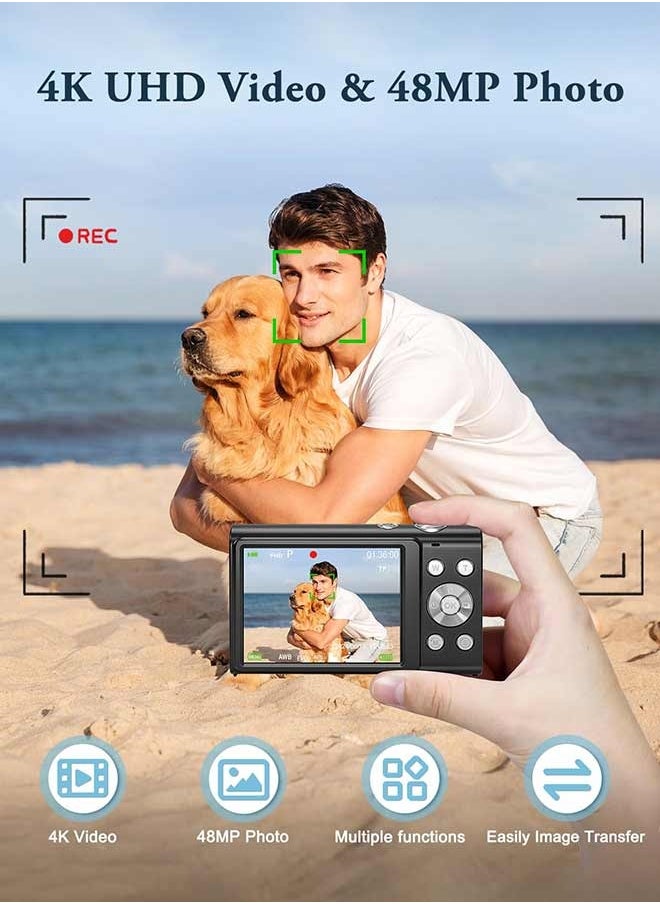إيكويكام كاميرا رقمية، كاميرا رقمية بدقة 4K للتصوير مع عدسة أمامية وخلفية، كاميرا فيديو بدقة 48 ميجابكسل مع تركيز تلقائي وتقريب 16X، كاميرات رقمية سريعة الالتقاط مع بطاقة 64 جيجابايت  - Image 4