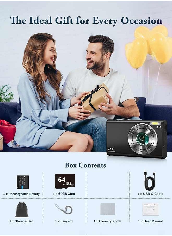 IqwiCam - Digital Camera, 4K Digital Camera for Photography with Front and Rear Lens, 48MP Autofocus Vlogging Camera with 16X Zoom, Point and Shoot Digital Cameras with 64GB Card - Image 1