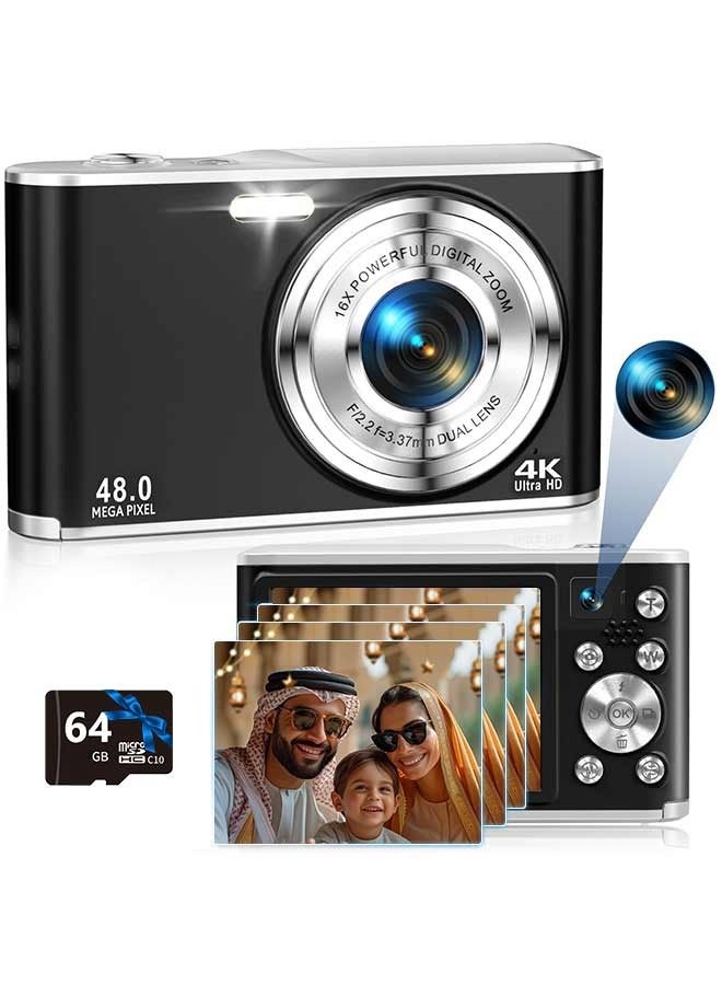 IqwiCam Digital Camera, FHD 4K Vlogging Camera with Dual Lens, 48MP 16X Digital Zoom with 64GB SD, Autofocus Digital Point and Shoot Camera with 2.8" IPS Screen, Compact Travel Video Camera for Teens Adult Beginner  - Image 1