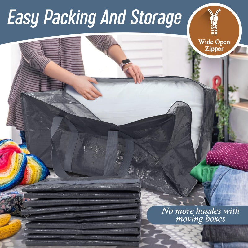 FYGRIP 6 Pack Extra Heavy Duty Large Moving Bags with Strong Zipper & Comfortable Handles, Sturdy & Durable Clothes Storage Bags Totes Bins, Packing Moving Boxes for College Supplies, Gray - Image 5