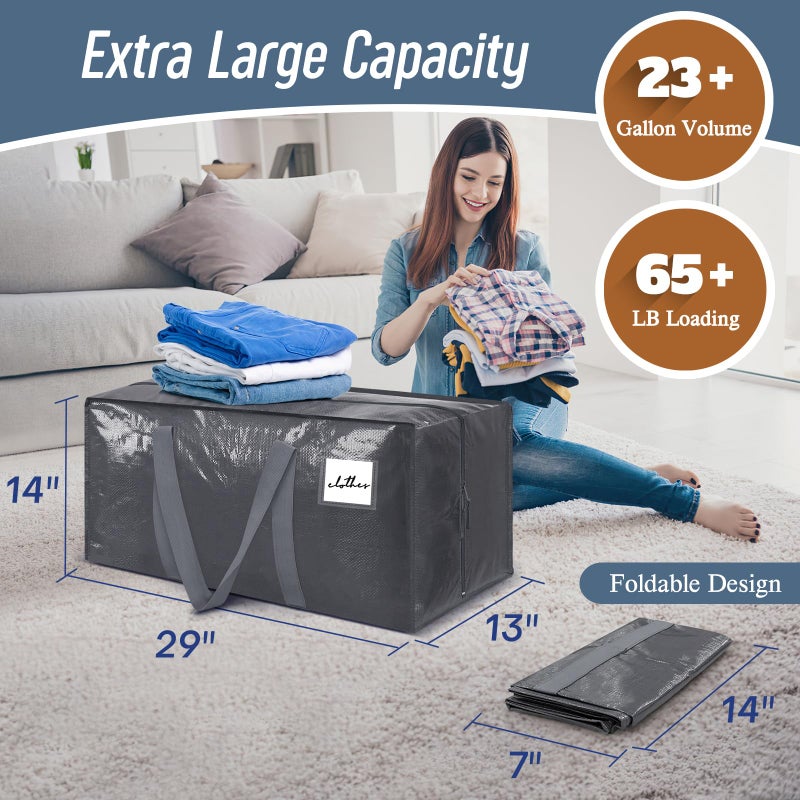FYGRIP 6 Pack Extra Heavy Duty Large Moving Bags with Strong Zipper & Comfortable Handles, Sturdy & Durable Clothes Storage Bags Totes Bins, Packing Moving Boxes for College Supplies, Gray - Image 3