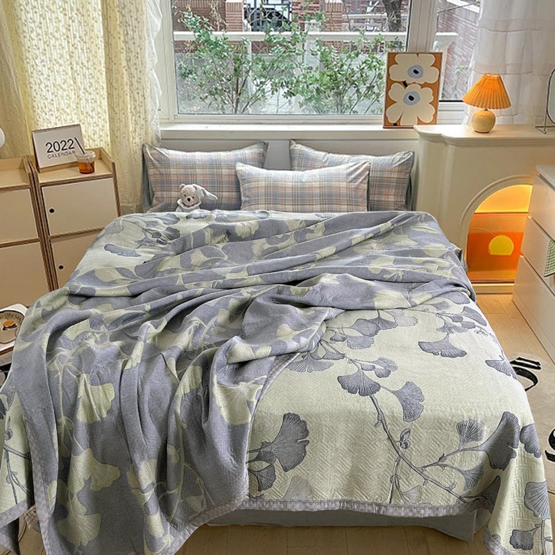 Bifqioy Ginkgo Leaf Cotton Quilt Green Gray Reversible King Size Bedspread Coverlet for All Seasons Lightweight Muslin Quilt Throw Blanket for Bed, Couch(King) - Image 5