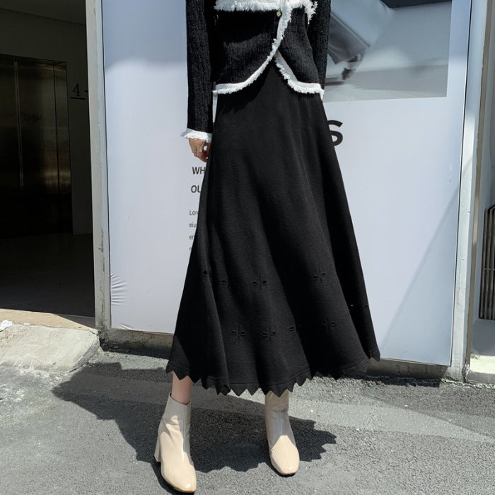 Medium-Length Knit Skirt For Women High-Waisted Korean Style A- Line Woolen Skirt Cracker Khaki Color Autumn/Winter Season Black  - Image 1