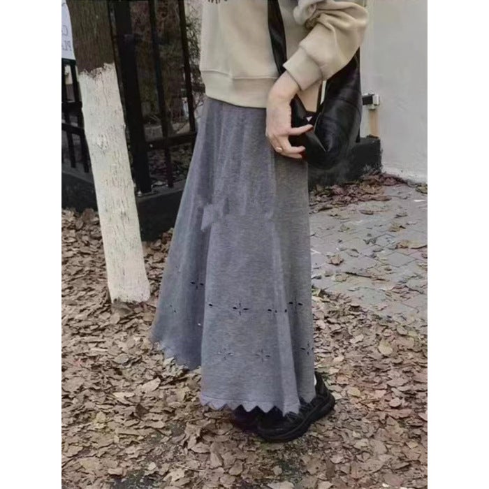 Medium-Length Knit Skirt For Women High-Waisted Korean Style A- Line Woolen Skirt Cracker Khaki Color Autumn/Winter Season Black  - Image 2