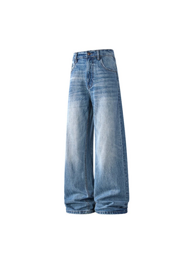 Men's Wear American High Street A-line Style Ice Cracked Jeans Men's Cleanfit High-end Wide-leg Pants