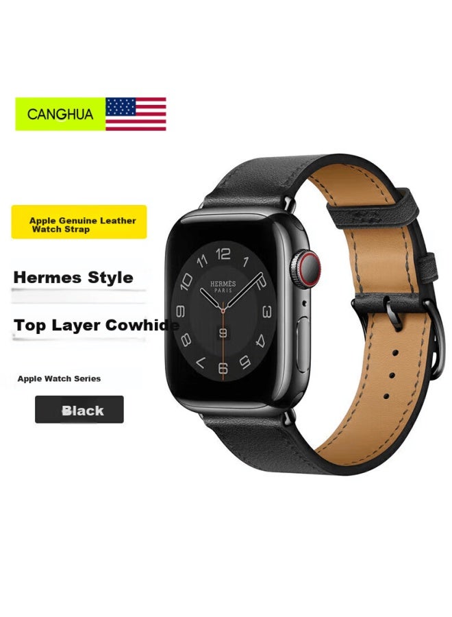 Canghua Suitable For Apple Watch Band, Apple Watch Hermès Style Iwatch S11, Genuine Leather Strap, Ultra 3/2/s10/9/se3 Business Watchband, Black