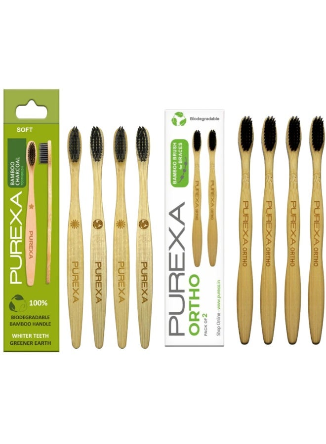 PUREXA Adult Orthodontic Bamboo Manual Toothbrush For Braces|Charcoal Infused|Soft Bristles|Antibacterial And Biodegradable|Eco-Friendly|Organic Tooth Brush (Bamboo Combo, 8) - Image 1