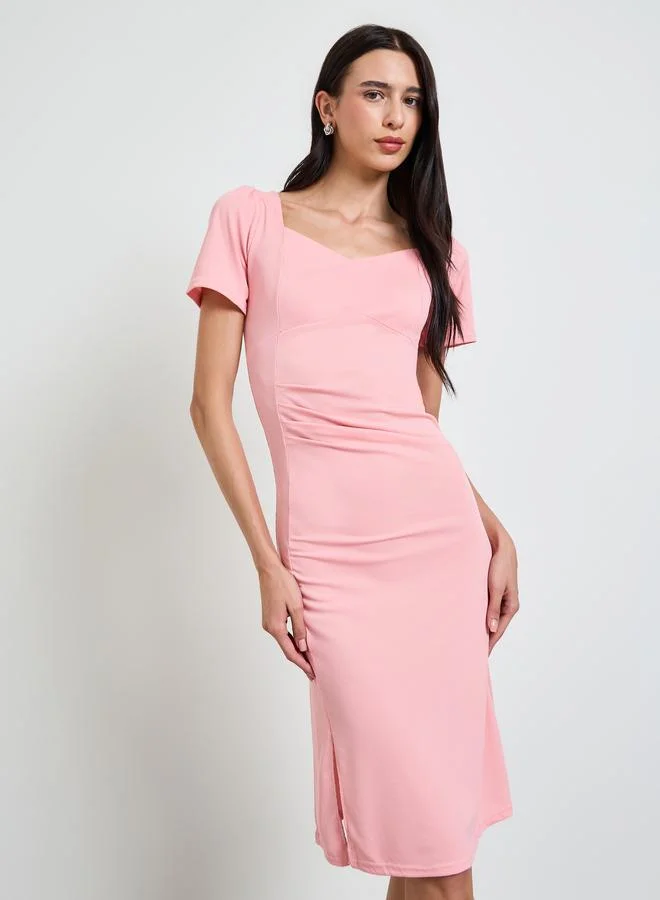 ستايلي Pink Solid V Neck Bodycon Midi Dress