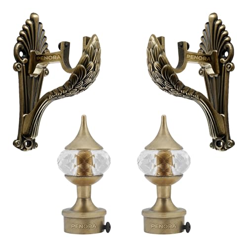 Penora Aluminium Curtain Bracket Parda Holder with Support 1 Inch Rod Pocket Finials Designer Door and Window Rod Support Fittings, Curtain Rod Holder (Pair of 2, Antique Brass) - Image 1