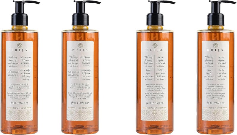 Prija Vitalising Cleansing Hand Wash with Ginseng Extract and Vitalising 2 in 1 Shower Gel and Shampoo Bundle 4 x 380ml