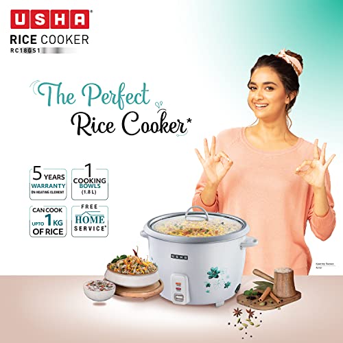 USHA RC18GS1 Steamer 700 Watt Automatic Rice Cooker 1.8 litres with Powerful Heating Element, Keep Rice Warm for 5 Hrs, Steamer, Trivet Plate & More Accessories, 5 Yrs Warranty (White) - Image 2
