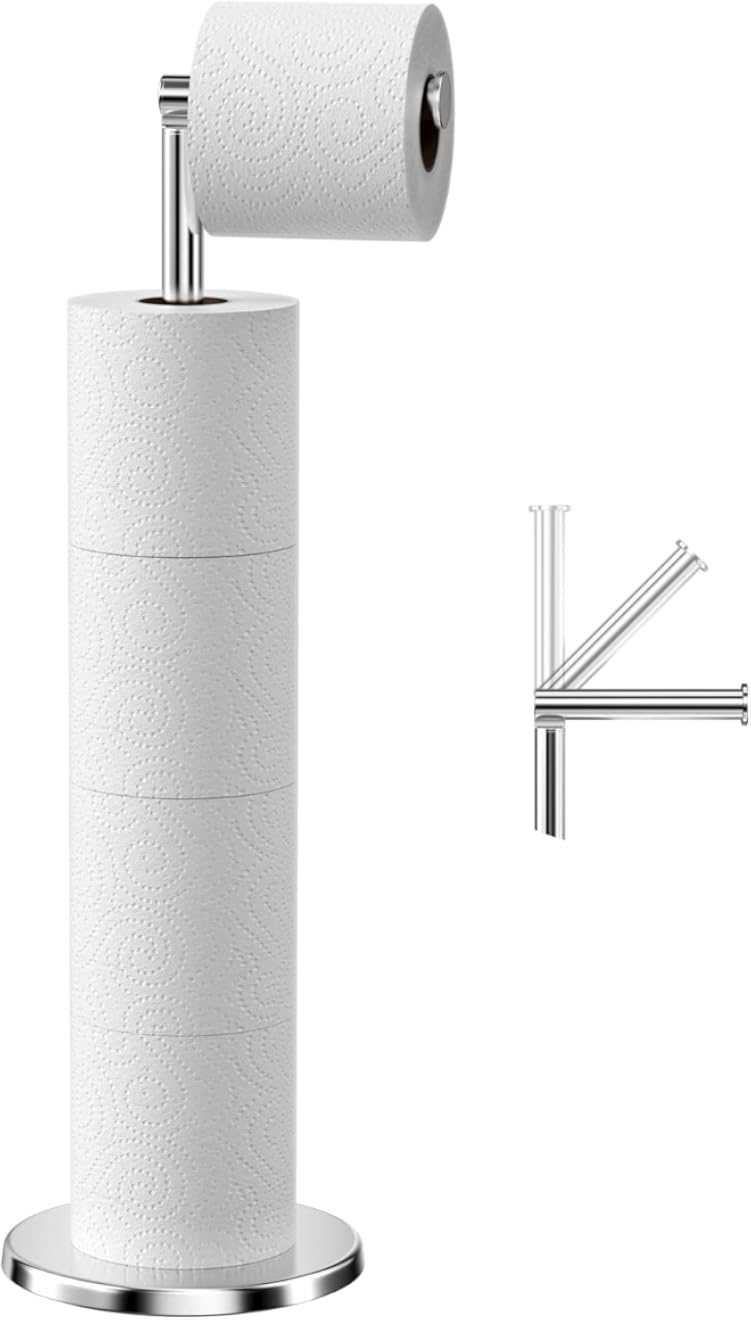 حامل ورق تواليت قائم من نيوبوب، مصنوع من الفولاذ المقاوم للصدأ، قائم بذاته، يتسع لخمس لفات، فضي اللون
