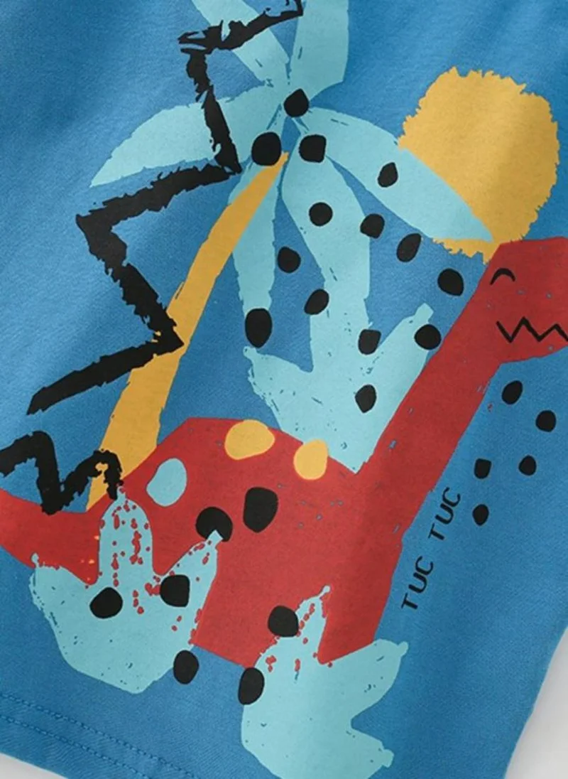 يونيكي Blue Graphic Print Round Neck T-shirt