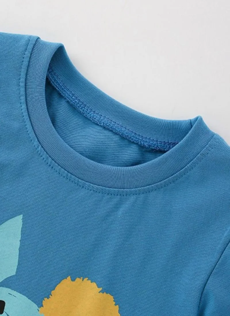 يونيكي Blue Graphic Print Round Neck T-shirt
