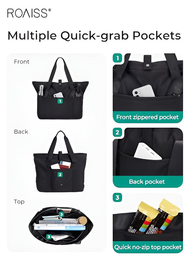 رويس حقيبة حمل للجنسين قابلة للطي مع سحاب وحقيبة كتف كبيرة الحجم بمقبض علوي لحمل جميع الأغراض للعمل والسفر والتسوق ورحلات الشاطئ اليومية، لون أسود - Image 4