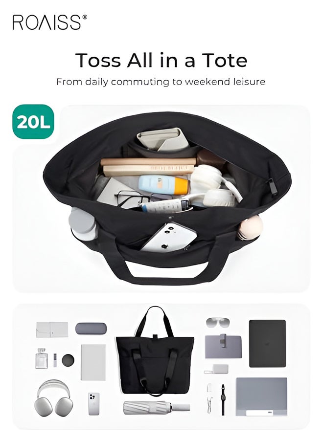 رويس حقيبة حمل للجنسين قابلة للطي مع سحاب وحقيبة كتف كبيرة الحجم بمقبض علوي لحمل جميع الأغراض للعمل والسفر والتسوق ورحلات الشاطئ اليومية، لون أسود - Image 2