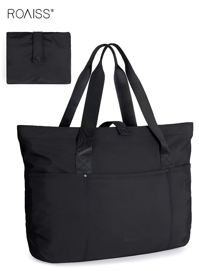 رويس حقيبة حمل للجنسين قابلة للطي مع سحاب وحقيبة كتف كبيرة الحجم بمقبض علوي لحمل جميع الأغراض للعمل والسفر والتسوق ورحلات الشاطئ اليومية، لون أسود - Image 1