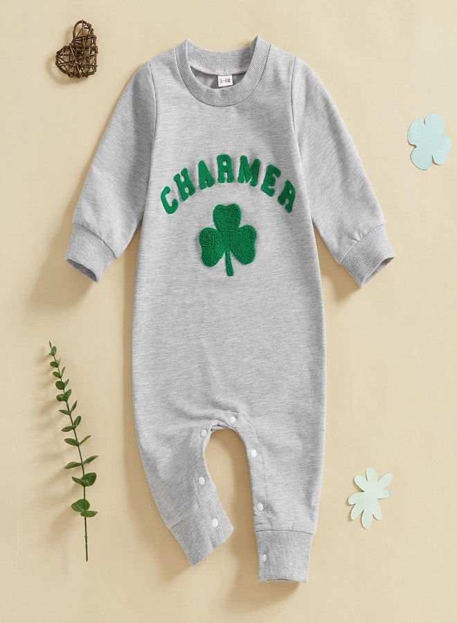 Karuedoo Newborn Baby Boy Girl St Patricks Day Outfit Charmer Clover Embroidery Long Sleeve Romper Jumpsuit Irish Outfit (Charmer Shamrock-Gray, 3-6 Months) - Image 2