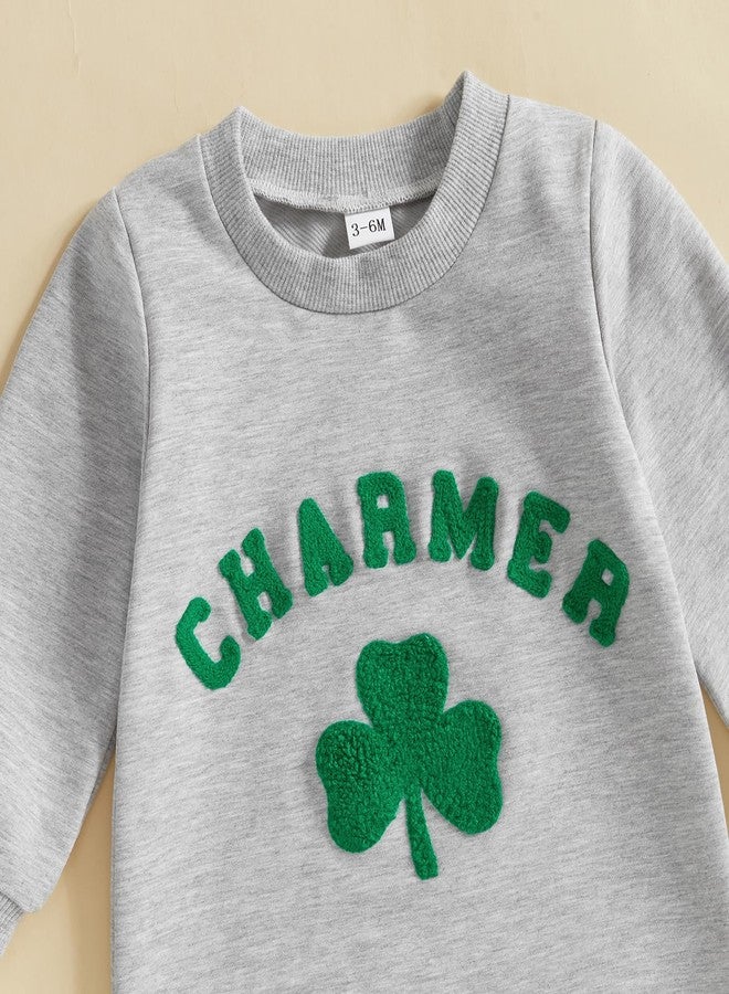 Karuedoo Newborn Baby Boy Girl St Patricks Day Outfit Charmer Clover Embroidery Long Sleeve Romper Jumpsuit Irish Outfit (Charmer Shamrock-Gray, 3-6 Months) - Image 5