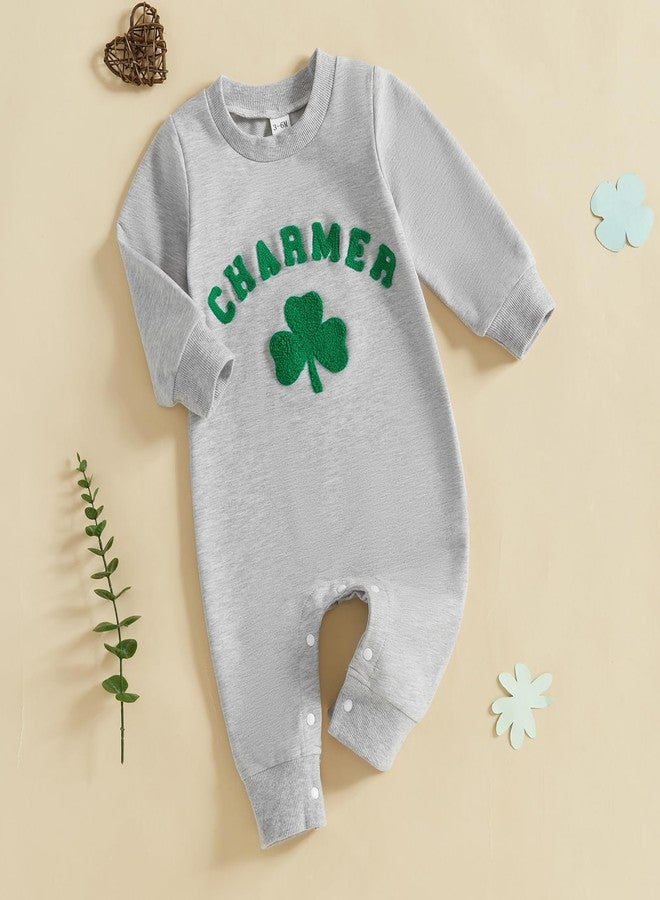 Karuedoo Newborn Baby Boy Girl St Patricks Day Outfit Charmer Clover Embroidery Long Sleeve Romper Jumpsuit Irish Outfit (Charmer Shamrock-Gray, 3-6 Months) - Image 3