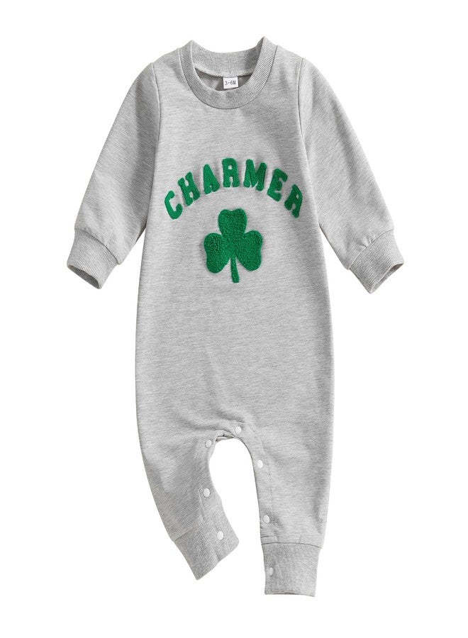 Karuedoo Newborn Baby Boy Girl St Patricks Day Outfit Charmer Clover Embroidery Long Sleeve Romper Jumpsuit Irish Outfit (Charmer Shamrock-Gray, 3-6 Months) - Image 1