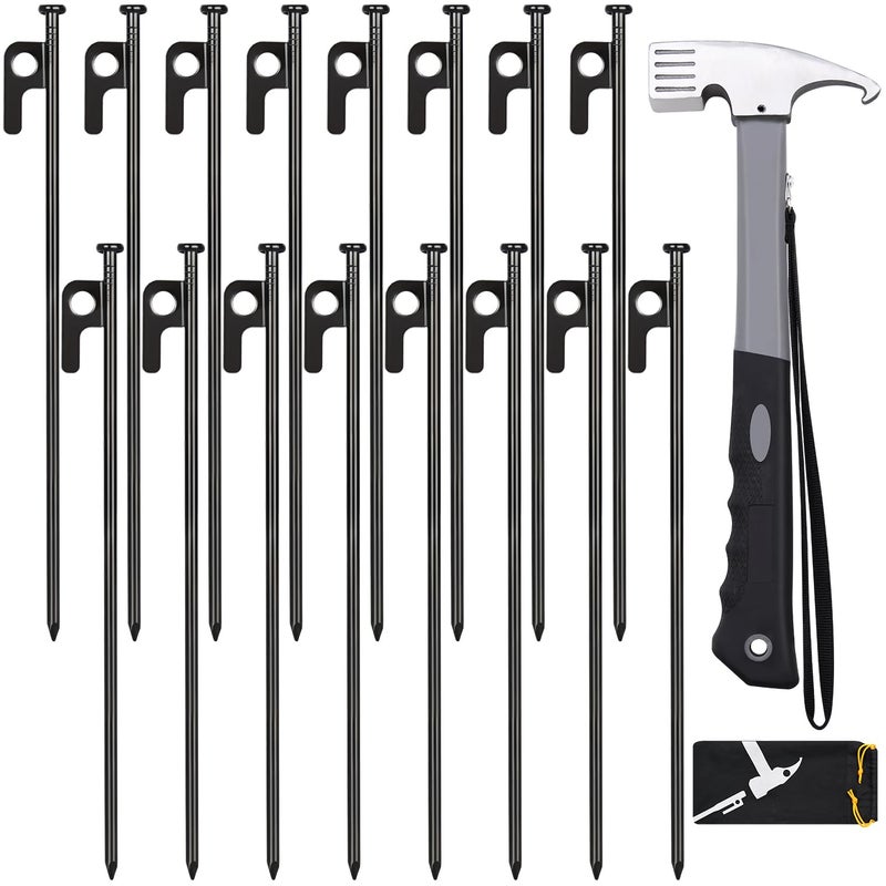 DkOvn Tent Stakes And Hammer Set, 16 Pack 12In Heavy Duty Forged Steel Tent Stakes + 12In Heavy Duty Camping Hammer + Storage Pouch, Available In Rocky Place - Image 1