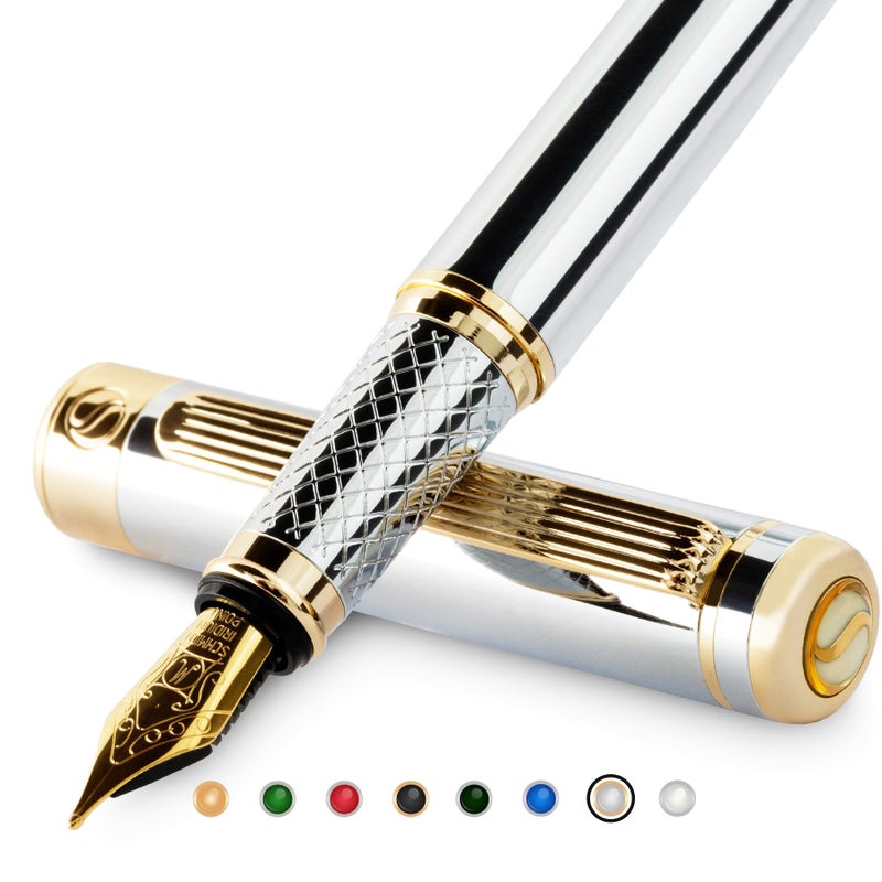 Scriveiner Silver Chrome Fountain Pen - Stunning Luxury Pen, Real Gold Finish Schmidt Gilded Nib (Medium), Best Pen Gift Set for Men & Women, Professional, Executive Office, Nice Pens - Image 1