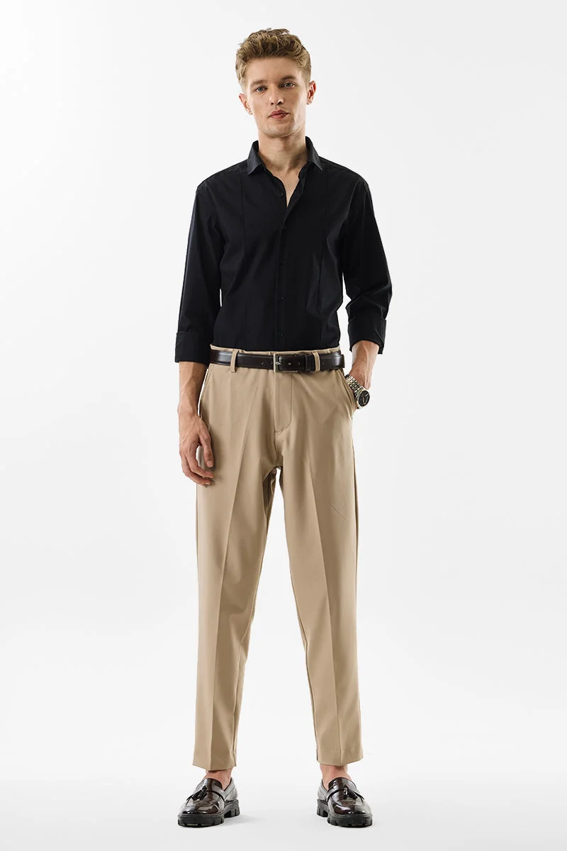 SNITCH Beige Solid Slim Fit Formal Trousers