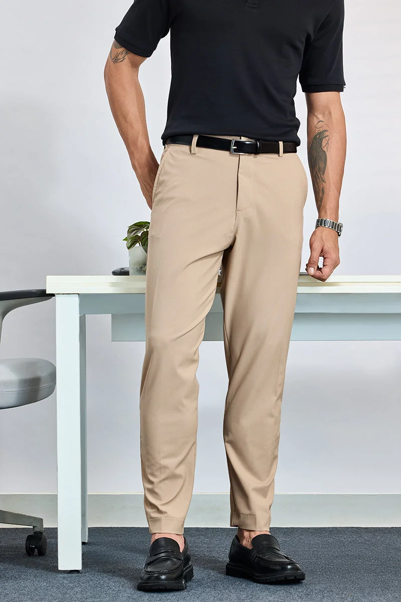SNITCH Beige Solid Slim Fit Formal Trousers