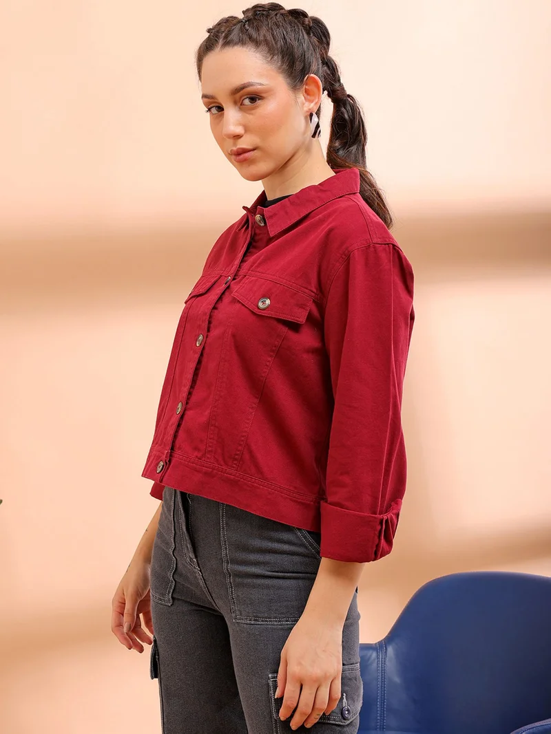 مرفوعة Women Casual Regular Fit Long Sleeve Trucker Jacket