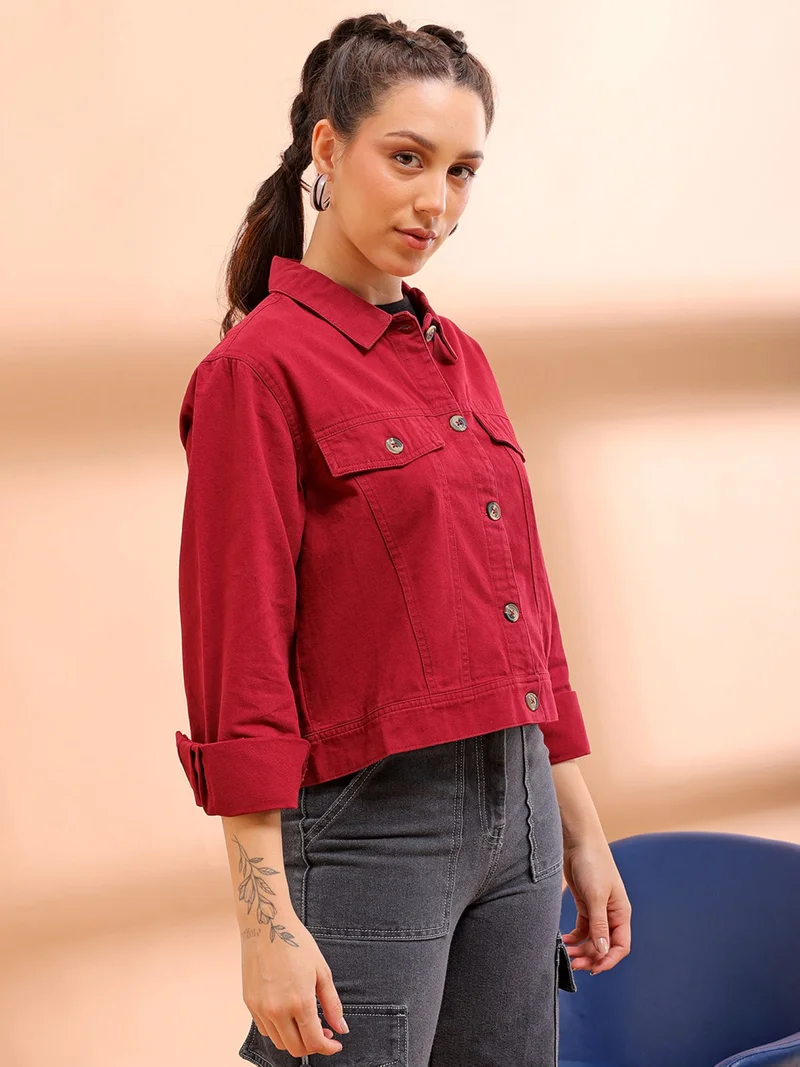 مرفوعة Women Casual Regular Fit Long Sleeve Trucker Jacket