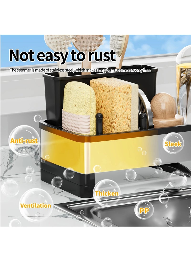 Hihonor Stainless Steel Sponge & Cleaning Tool Organizer Rack for Kitchen Sink - Black Plastic Frame with Drainage, Holds Brushes, Sponges, Cloths & Soap Dispenser, Sponge Holder for Kitchen Sink, Black - Image 2