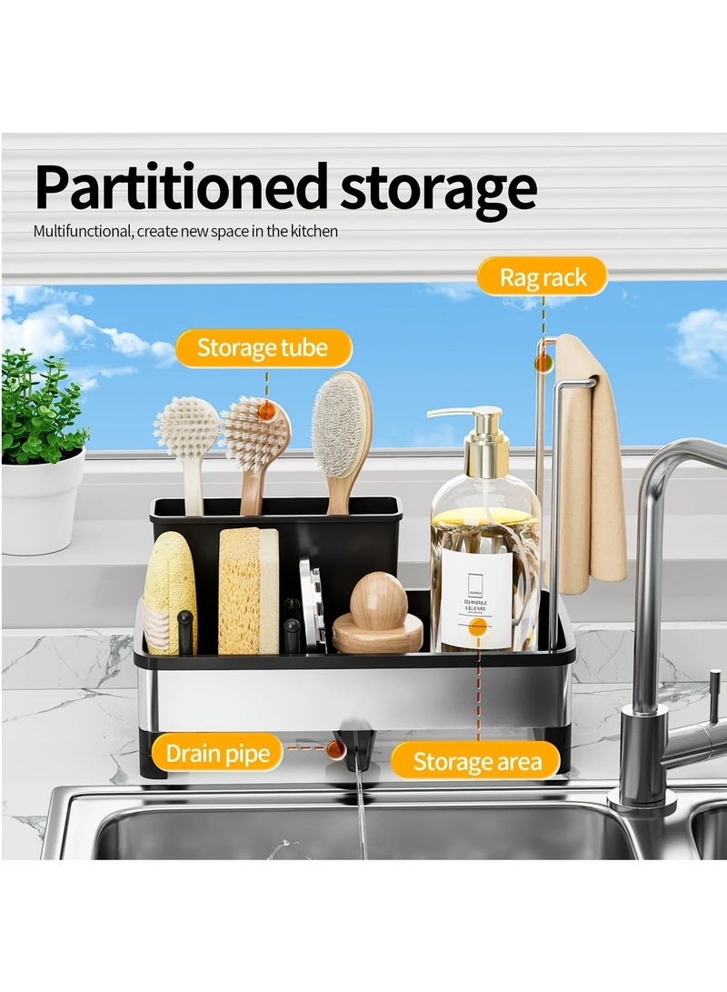 Hihonor Stainless Steel Sponge & Cleaning Tool Organizer Rack for Kitchen Sink - Black Plastic Frame with Drainage, Holds Brushes, Sponges, Cloths & Soap Dispenser, Sponge Holder for Kitchen Sink, Black - Image 3