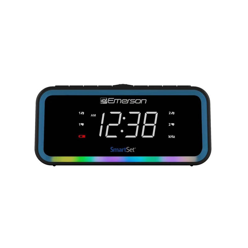 Emerson CKS1401 Smartset AMFM Dual Alarm Clock Radio with 09 White LED Display with 4Level Dimmer Control USBC Charging and 2Level MultiColor LED Decor
