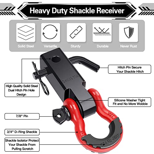 AUTOBOTS Shackle Hitch Receiver 2", 45,000 Lbs Break Strength Heavy Duty Receiver with 5/8" Screw Pin, 3/4" D Ring Shackles, Towing Accessories for Vehicle Recovery Off-Road, Red&Black - Image 2