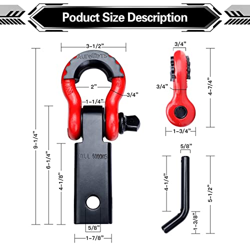 AUTOBOTS Shackle Hitch Receiver 2", 45,000 Lbs Break Strength Heavy Duty Receiver with 5/8" Screw Pin, 3/4" D Ring Shackles, Towing Accessories for Vehicle Recovery Off-Road, Red&Black - Image 3