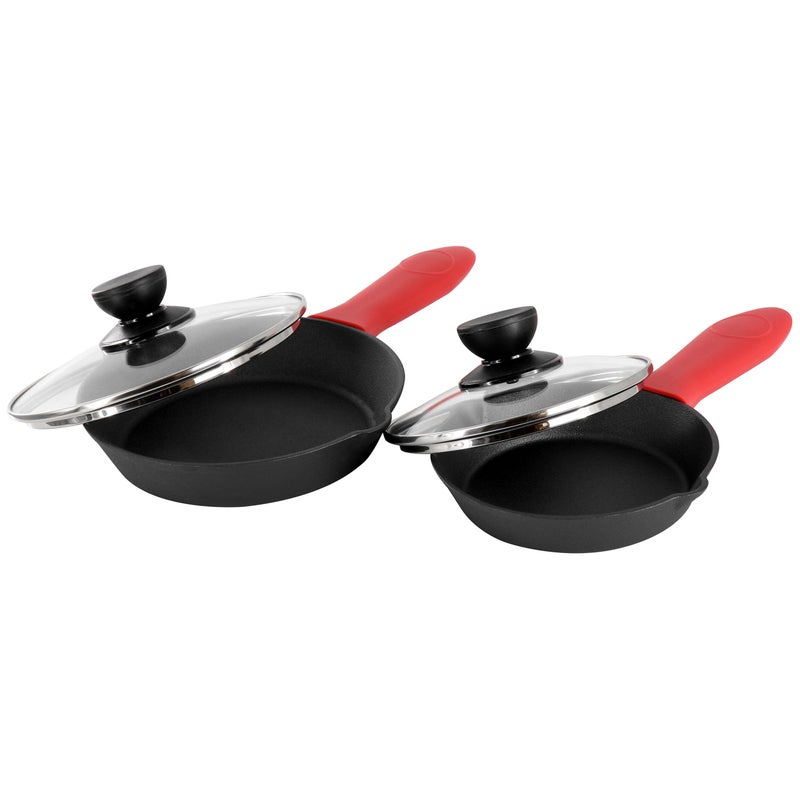 MegaChef 13 Piece Pre-Seasoned Cast Iron Skillet Set with Temperd Glass Lids and Silicone Holders - Image 4