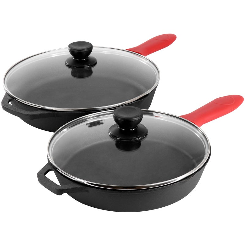 MegaChef 13 Piece Pre-Seasoned Cast Iron Skillet Set with Temperd Glass Lids and Silicone Holders - Image 3