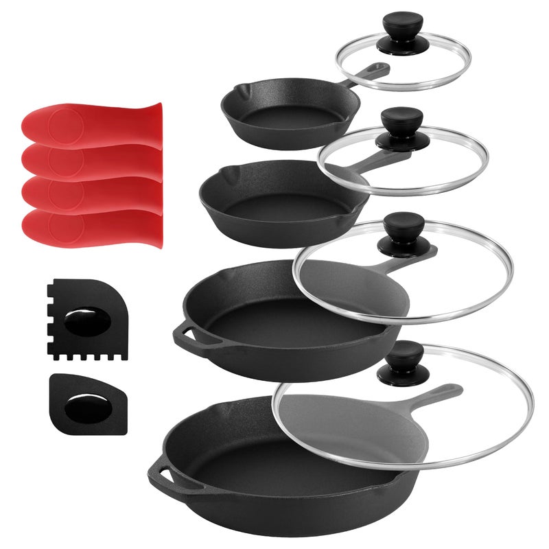 MegaChef 13 Piece Pre-Seasoned Cast Iron Skillet Set with Temperd Glass Lids and Silicone Holders - Image 1