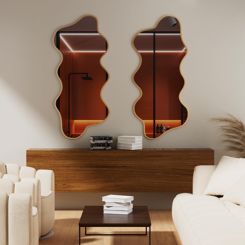 osemy Irregular Wall Mirror Wavy Asymmetrical Shaped Aluminum Alloy Framed Big Unique Full Length Mirror for Living Room Bathroom Bedroom Entryway Fireplace (Gold, 47"x21") - Image 5