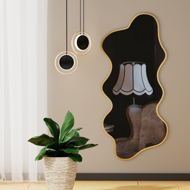 osemy Irregular Wall Mirror Wavy Asymmetrical Shaped Aluminum Alloy Framed Big Unique Full Length Mirror for Living Room Bathroom Bedroom Entryway Fireplace (Gold, 47"x21") - Image 2