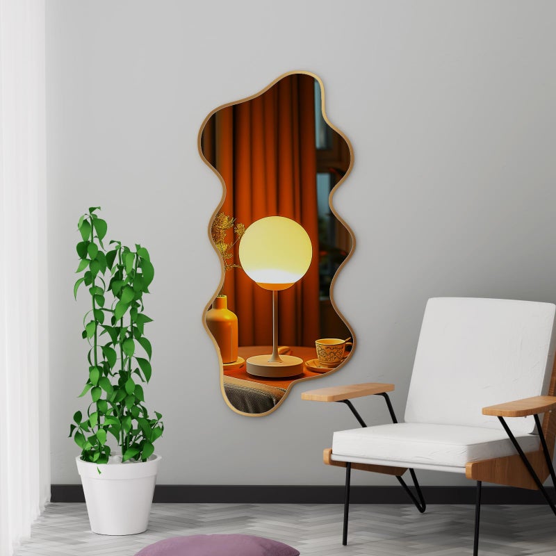 osemy Irregular Wall Mirror Wavy Asymmetrical Shaped Aluminum Alloy Framed Big Unique Full Length Mirror for Living Room Bathroom Bedroom Entryway Fireplace (Gold, 47"x21") - Image 1