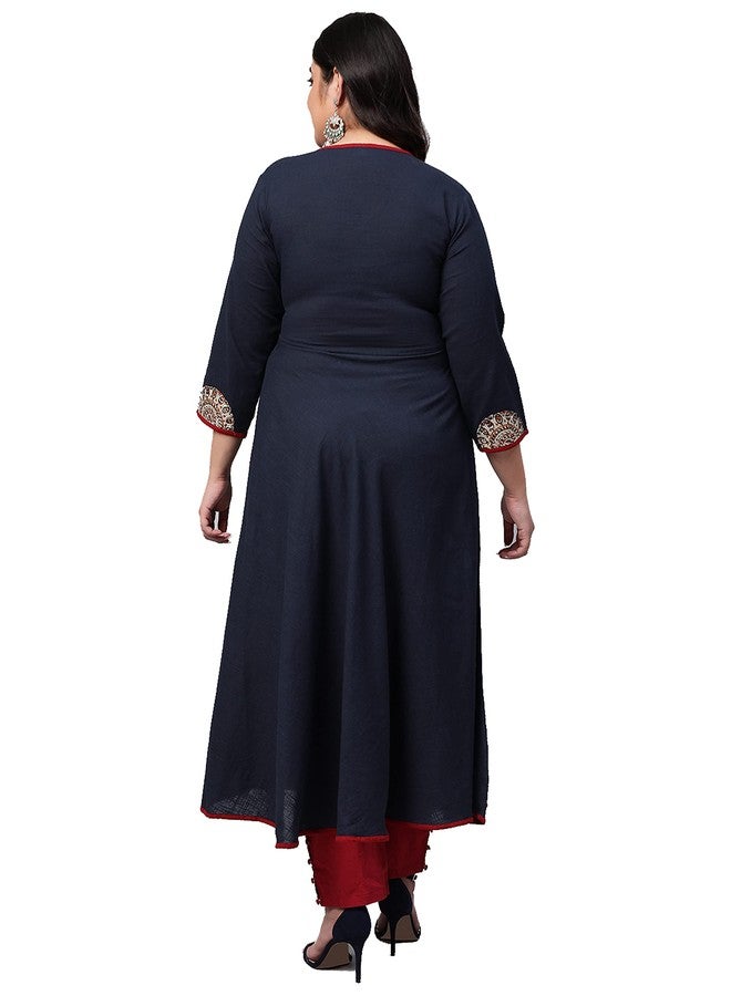Yash Gallery Women's Plus Size Cotton Slub Patch Work Angrakha Regular Fit Kurta For Women (166YK251BLUE_Blue_XXXXX-Large) - Image 4