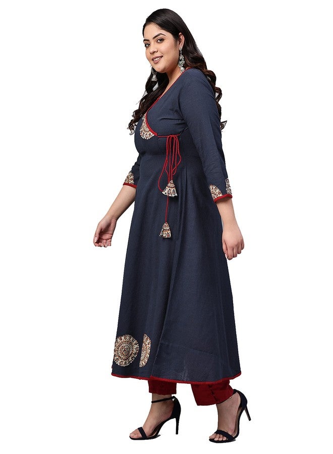 Yash Gallery Women's Plus Size Cotton Slub Patch Work Angrakha Regular Fit Kurta For Women (166YK251BLUE_Blue_XXXXX-Large) - Image 3