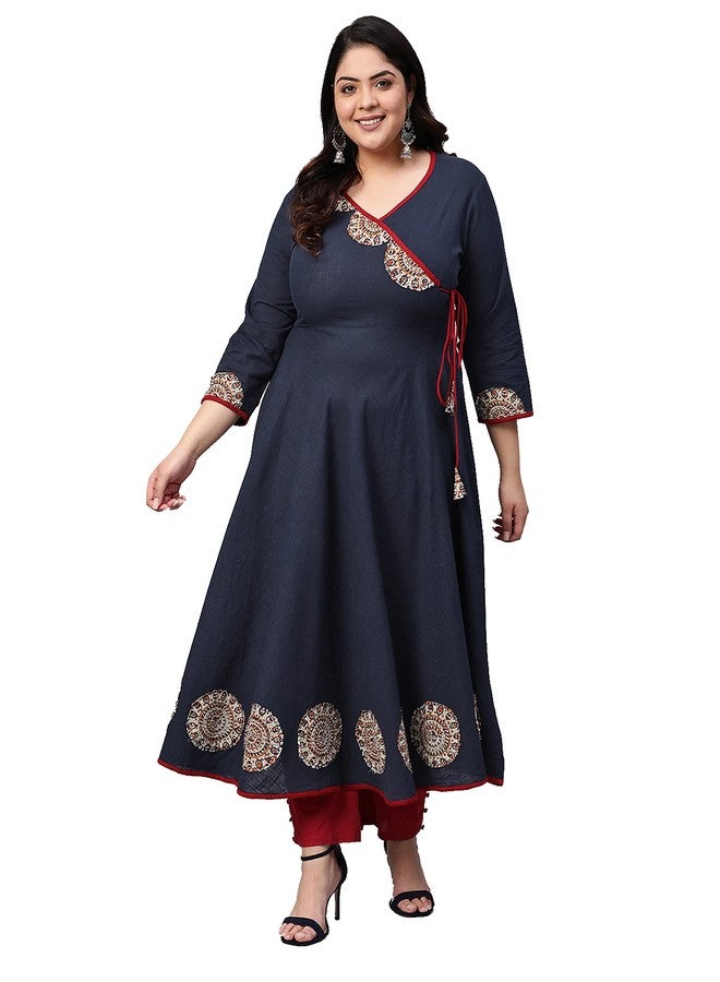 Yash Gallery Women's Plus Size Cotton Slub Patch Work Angrakha Regular Fit Kurta For Women (166YK251BLUE_Blue_XXXXX-Large) - Image 2